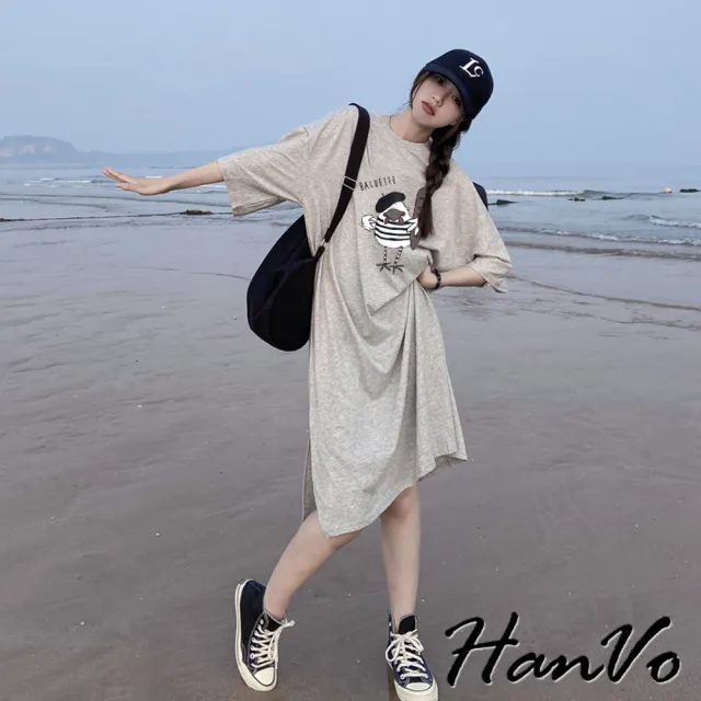 【HanVo】現貨 逗趣麵包雞短袖長洋裝(舒適親膚柔軟休閒連衣裙 韓系女裝 女生衣著 A06-3704)
