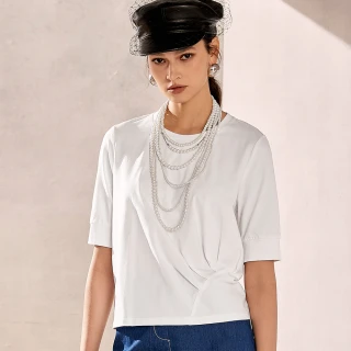 【ILEY 伊蕾】珍珠項鍊設計剪裁上衣(白色；M-XL；1242391201)