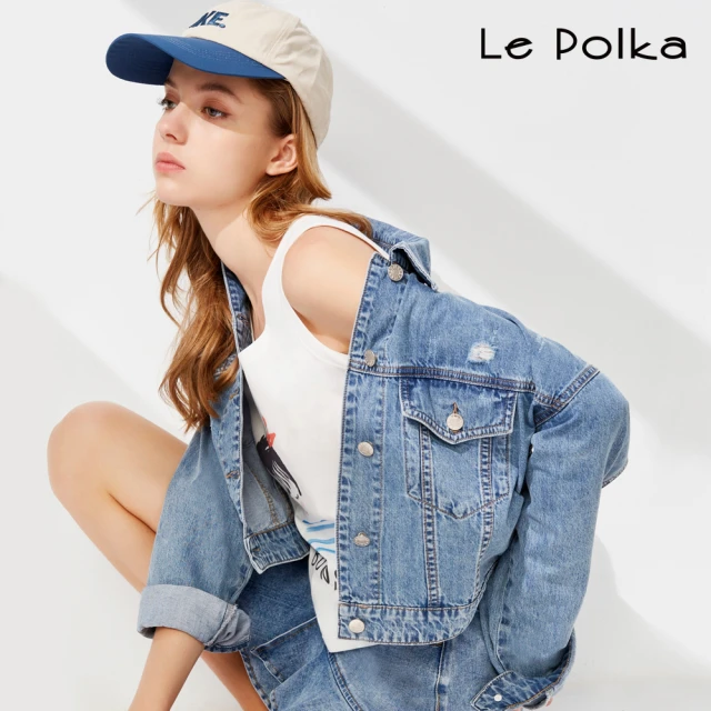 Le Polka 短版貼布設計牛仔夾克-女(丹寧)