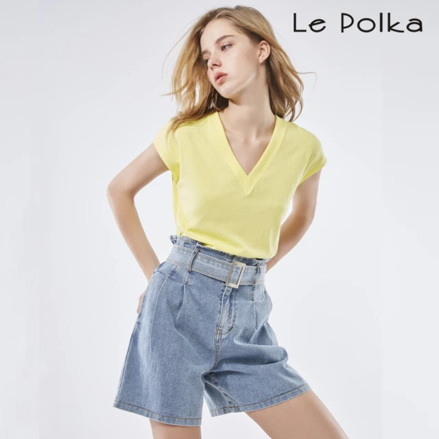 【Le Polka】淺色牛仔高腰短褲/附腰帶-女(丹寧)