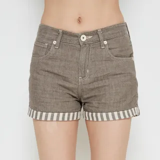 【EDWIN】女裝 MISS 503反摺條紋棉麻短褲(咖啡)