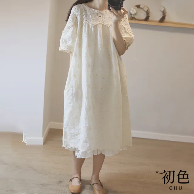 【初色】日系圓領蕾絲花邊刺繡短袖連身洋裝-米白色-32884(M-2XL可選)
