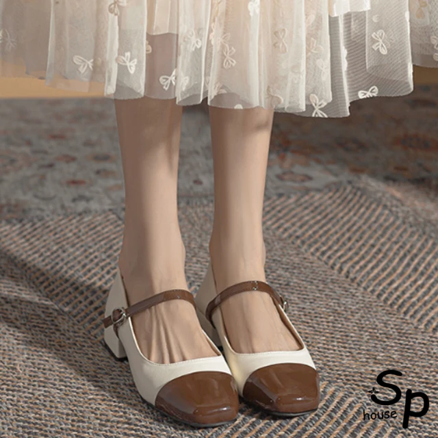 Sp house 方型金屬幾何綢緞都會時尚粗低跟鞋(2色可選