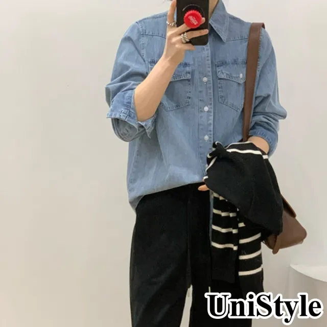 【UniStyle】牛仔長袖襯衫 韓版斜方袋上衣 女 UP329(淺藍)