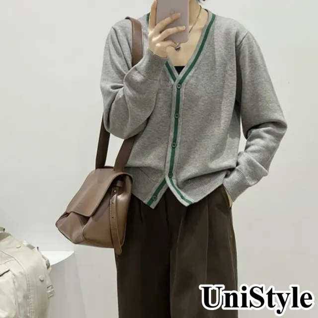 【UniStyle】長袖針織外套 韓版V領撞色上衣 女 UP99018(灰)