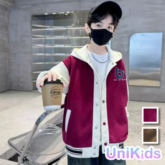 【UniKids】中大童裝長袖連帽外套 美式棒球服字母夾克 男大童裝 VPXY-24301(咖 紅)