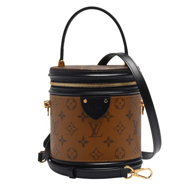 【Louis Vuitton 路易威登】M43986 經典Cannes系列雙色Monogram帆布印花牛皮飾邊圓柱型手提/肩背包(黑)