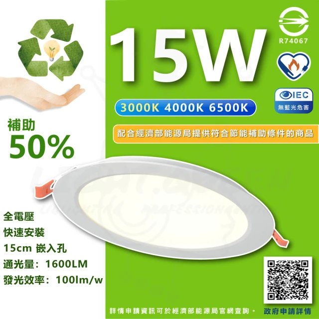 節能標章 12入組 15W LED崁燈 15cm嵌入孔 省電崁燈(附快速接頭好安裝)