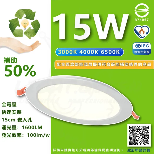 【節能標章】12入組 15W LED崁燈 15cm嵌入孔 省電崁燈-HF-CV1540NW/HF-CV1565DR 白光(附快速接頭好安裝)