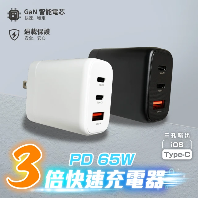 CB 65W GaN 氮化鎵 三孔1A2C快速充電器-黑+閃