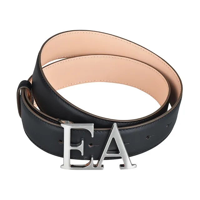 【EMPORIO ARMANI】EMPORIO ARMANI牛皮灰銀字LOGO扣式皮帶(黑x粉膚)