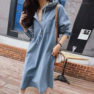 【MsMore】韓國新款長袖連帽寬鬆休閒牛仔長裙過膝連身裙洋裝#120888(藍/深藍)