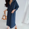【MsMore】韓國新款長袖連帽寬鬆休閒牛仔長裙過膝連身裙洋裝#120888(藍/深藍)