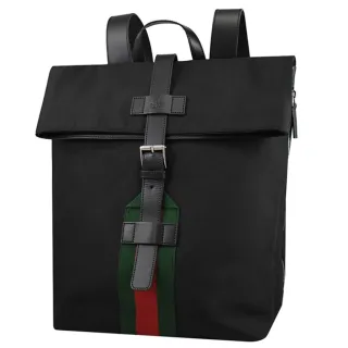 【GUCCI 古馳】經典綠紅綠織帶帆布折疊旅用包後背包(黑 大款)