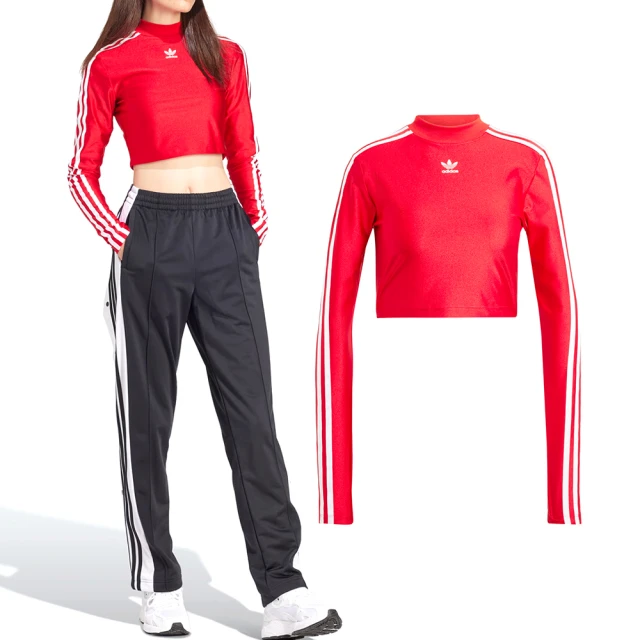 【adidas 愛迪達】3 S Cropped Ls 女款 紅色 三葉草 短版 小高領 上衣 運動 休閒 長袖 IR8132