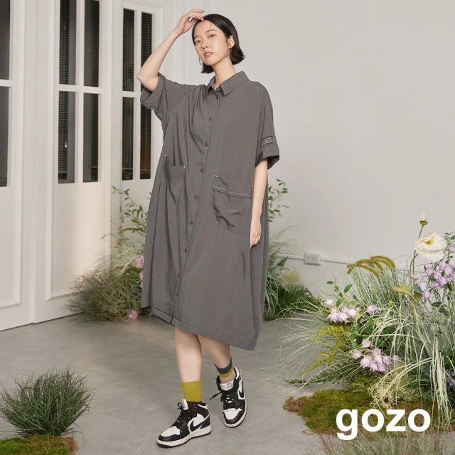 gozo 涼感造型口袋繭型襯衫洋裝(黑色)