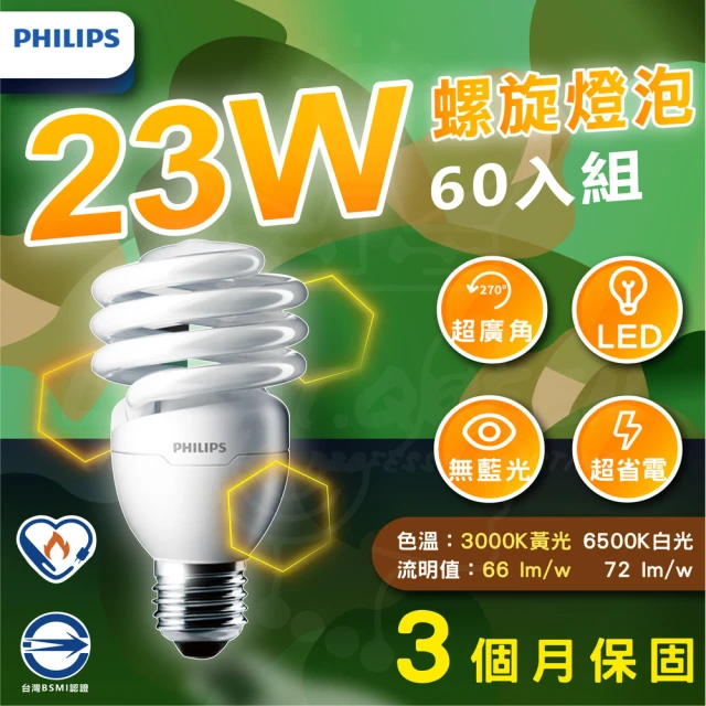 【Philips 飛利浦】60入組 T2 23W省電螺旋燈泡 螺旋燈泡(白光/黃光 E27)