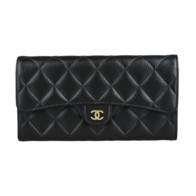 CHANEL 香奈兒 經典金色雙C LOGO菱格粒紋暗釦卡夾