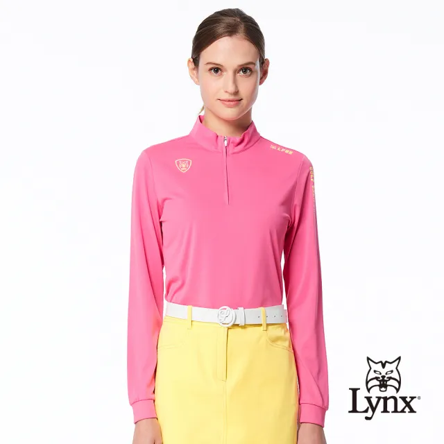 【Lynx Golf】女款吸濕排汗機能個性潮流LOGO字樣印花長袖POLO衫/高爾夫球衫(桃粉色)