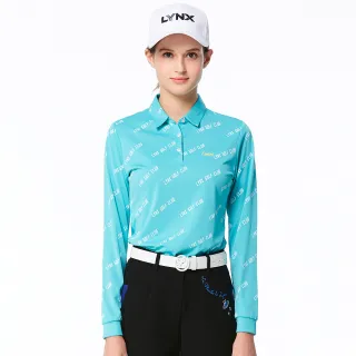 【Lynx Golf】女款吸濕排汗抗UV機能滿版Lynx Golf Club字樣印花長袖POLO衫/高爾夫球衫(湖水綠色)