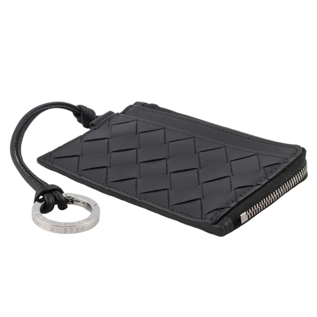 【BOTTEGA VENETA 寶緹嘉】L 型銀色拉鍊小牛皮編織附鑰匙釦卡包/零錢包(黑色)