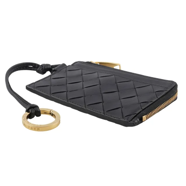 【BOTTEGA VENETA 寶緹嘉】L 型金色拉鍊小羊皮編織附鑰匙釦卡包/零錢包(黑色)