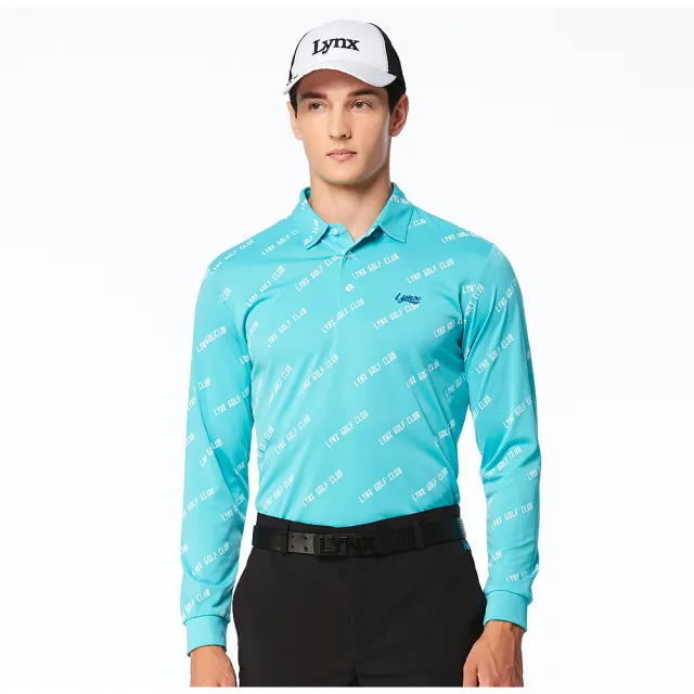 【Lynx Golf】男款吸濕排汗抗UV機能滿版Lynx Golf Club字樣印花長袖POLO衫/高爾夫球衫(湖水綠色)