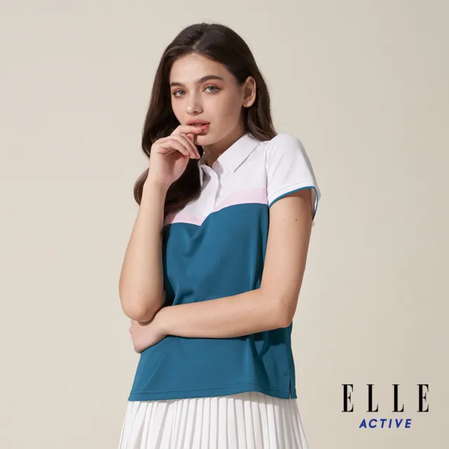 【ELLE ACTIVE】女款 休閒撞色拼接短袖POLO衫-孔雀藍綠色(EA24M2W1102#46)