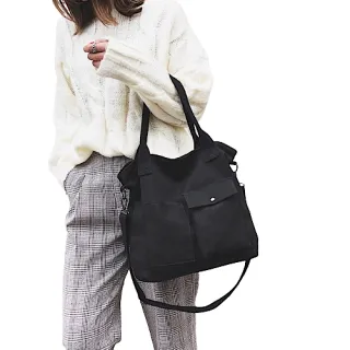 【89 zone】法式古典簡約休閒帆布 單肩包 斜挎包 手提包 托特包(黑/白)