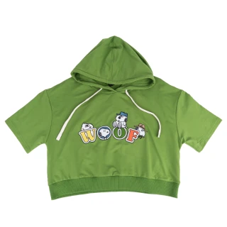 【SNOOPY 史努比】史努比兄弟WOOF短版連帽T恤(綠/黑)