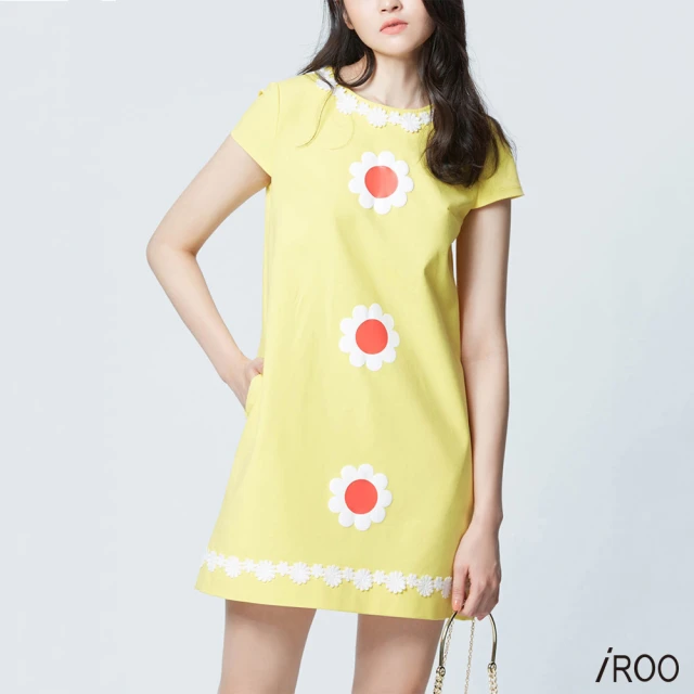 iROO 黃色修身花朵女人造型短袖短洋