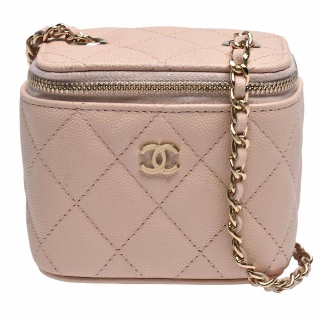 【CHANEL 香奈兒】經典雙C LOGO菱格粒紋牛皮金屬鍊帶斜背化妝包(迷你-粉膚色AP1340C-NUDE-GP)