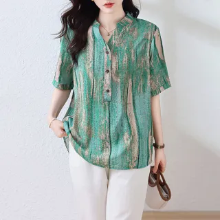 【ALLK 歐楷】出清 長版印花貼鑽上衣 豆綠色(尺寸L-3XL/中大尺碼/涼爽/透氣)