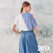 【IGD 英格麗】速達-網路獨賣款-挖肩不對稱條紋上衣(藍色)
