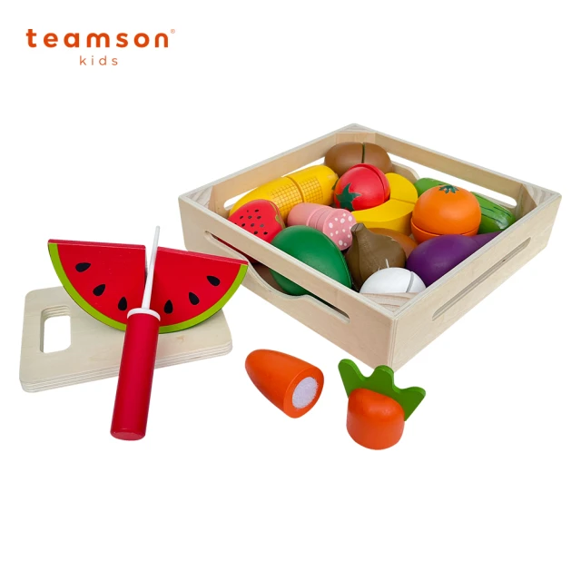 【Teamson】小廚師木盒蔬果刀具砧板切切樂玩具組(多樣水果切切樂組)
