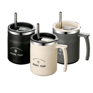 【SUNORO】不銹鋼咖啡杯 辦公室馬克杯 雙層保溫吸管水杯 480ML(帶吸管/帶杯蓋)