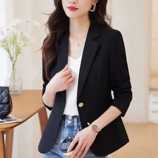 【MsMore】短款西裝外套時尚氣質女神范休閒長袖短版#120805(黑/米)
