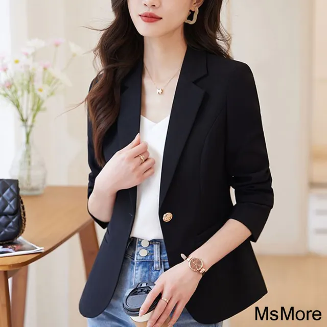 【MsMore】短款西裝外套時尚氣質女神范休閒長袖短版#120805(黑/米)