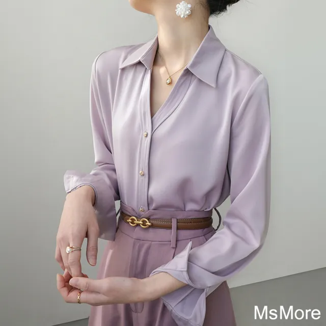 【MsMore】長袖春日襯衫法式絲質短版上衣#120856(卡其/紫)