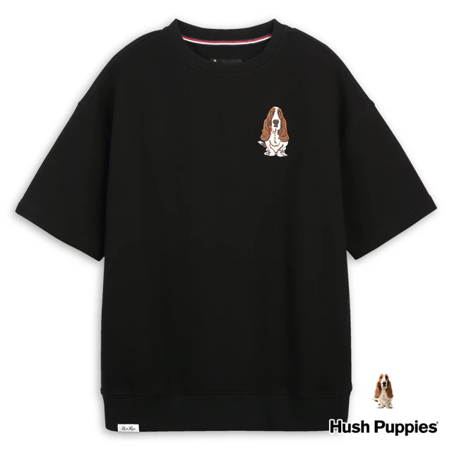 Hush Puppies 男裝 上衣 立體英文經典刺繡狗寬鬆版上衣(黑色 / 43110105)