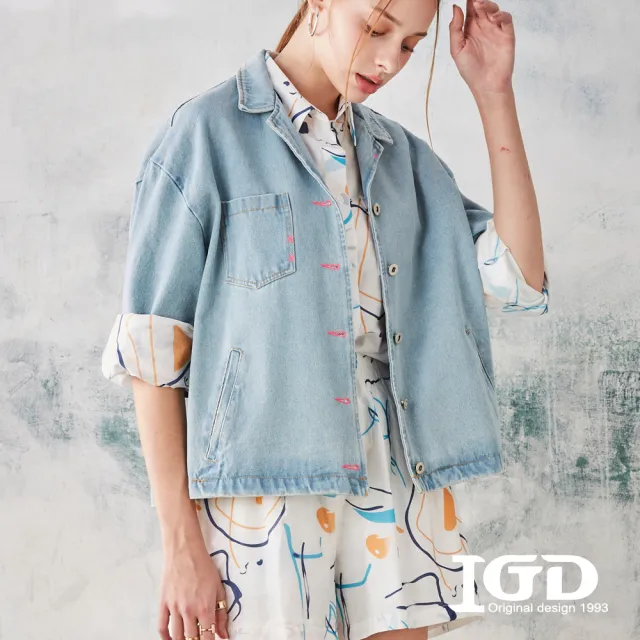 【IGD 英格麗】速達-網路獨賣款-反摺袖牛仔短袖襯衫(藍色)