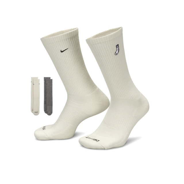 【NIKE 耐吉】Everyday Plus 米灰色 兩入組 中筒 刺繡 運動 襪子 FB5709-900