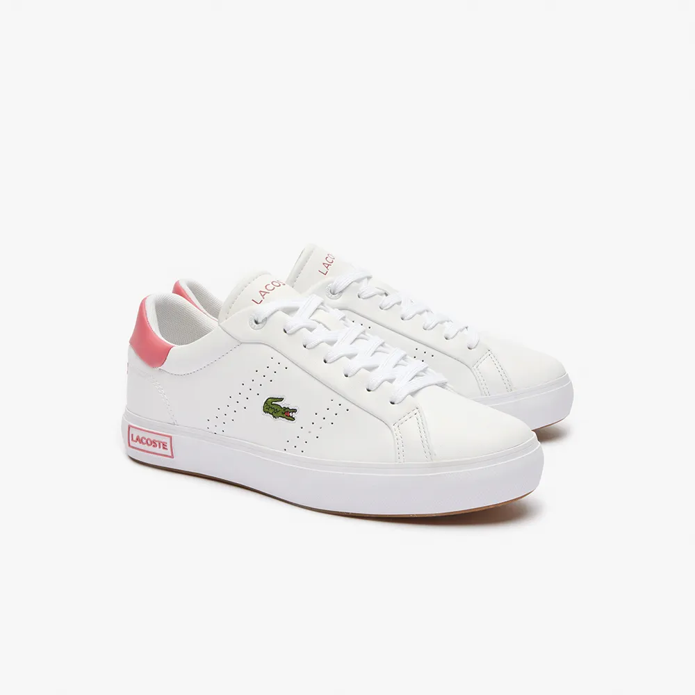 【LACOSTE】女鞋-Powercourt 2.0 撞色皮革休閒鞋(白/粉色)