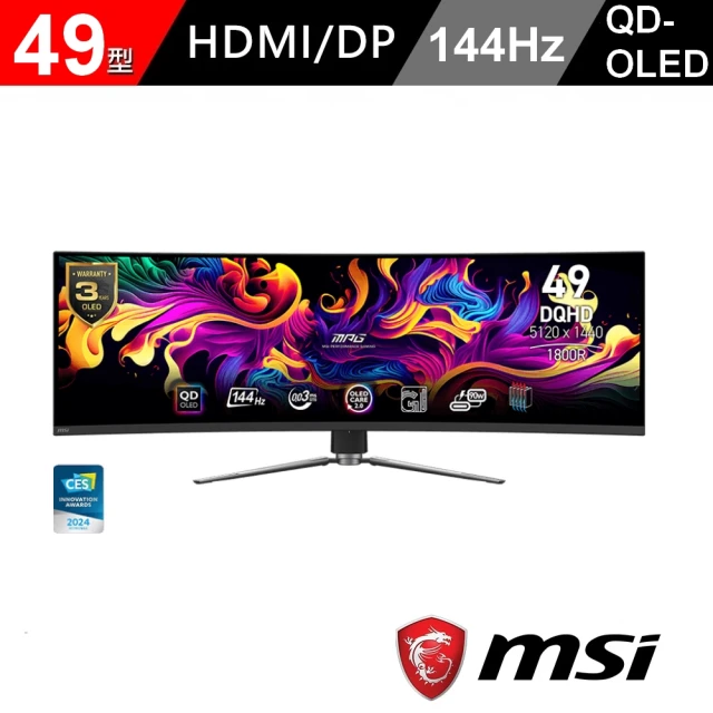 MSI 微星 MPG 491CQP QD-OLED 49型 DQHD 144Hz 電競曲面顯示器(0.03ms/ClearMR 8000/HDR400/1800R)