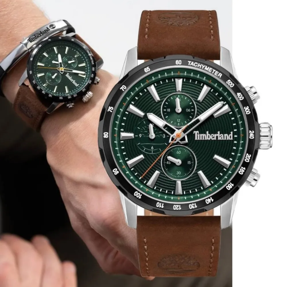 【Timberland】天柏嵐 KENNEBUNK系列 肯邦風格多功能腕錶 皮帶-綠色/棕色46mm(TDWGF0041540)