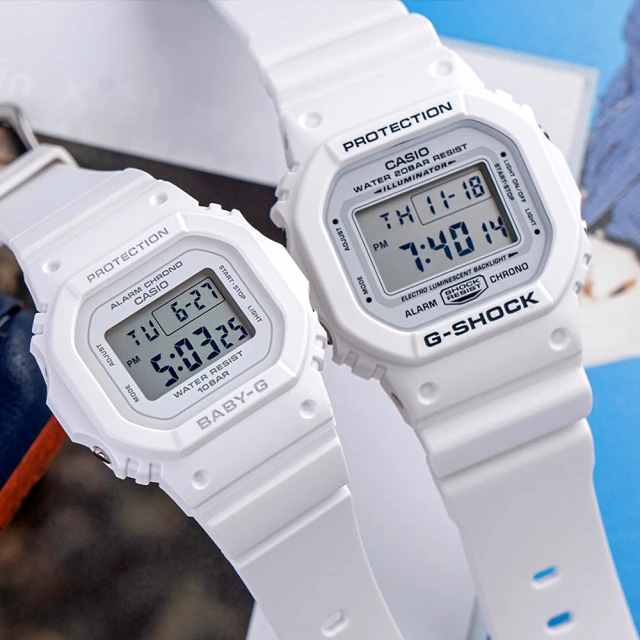 CASIO 卡西歐 G-SHOCK x BABY-G 雪白戀曲電子情人對錶/白x白(DW-5600MW-7DR+BGD-565-7DR)