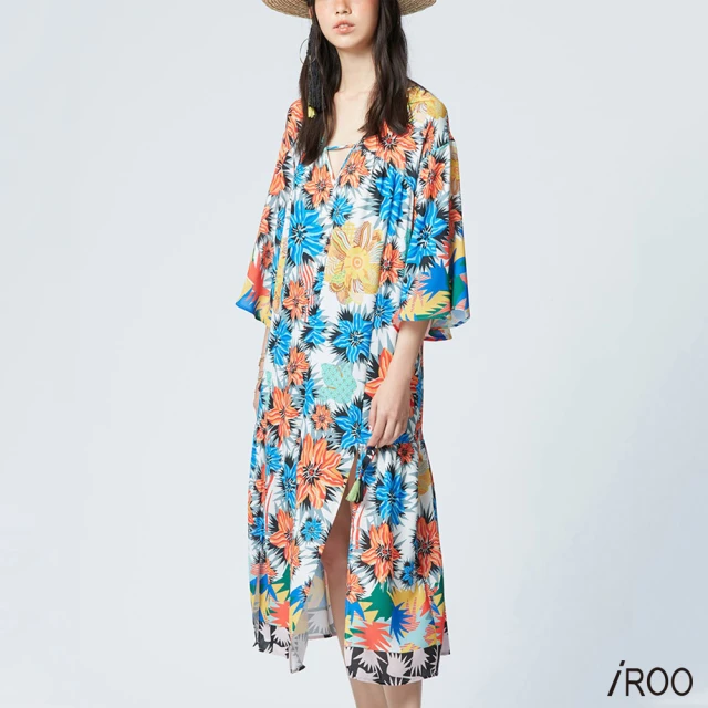 iROO V領寬版滿版花朵撞色流行時尚長袖長洋