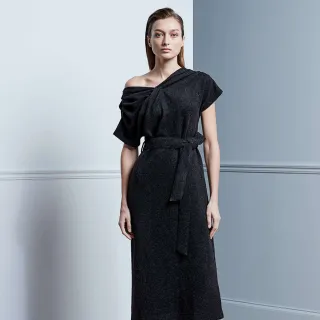 【iROO】細感抓摺綁帶針織洋裝