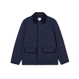 【LACOSTE】男裝-格紋鋪棉大口袋外套(藍色)