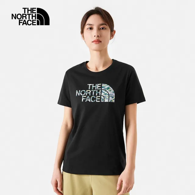 【The North Face 官方旗艦】北面女款黑色吸濕排汗山川手繪圖案休閒短袖T恤｜88GZJK3